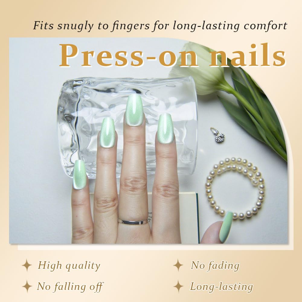 evpct Light Green Cat Eye Coffin Press on Nails Square Medium, Medium Square Stick on Nail for Women, Pale Green Metallic Glitter Glossy Reusable Summer Soft Gel Press on Acrylic Fake Nail with Design