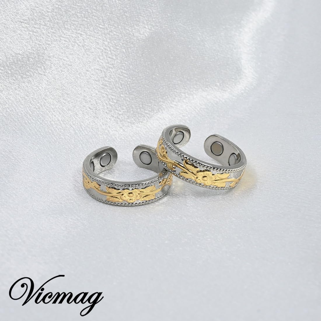 Vicmag Copper Magnetic Rings for Women, Magnetic Ring Ladies Fingers Thumb 100% Solid Pure Copper Gift Adjustable (Golden Flower)