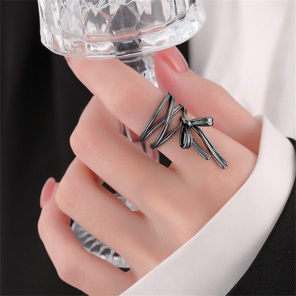 Dainty Bow Ribbon Open Ring for Women, Charm Adjustable Stackable Band Statement Jewelry Black
