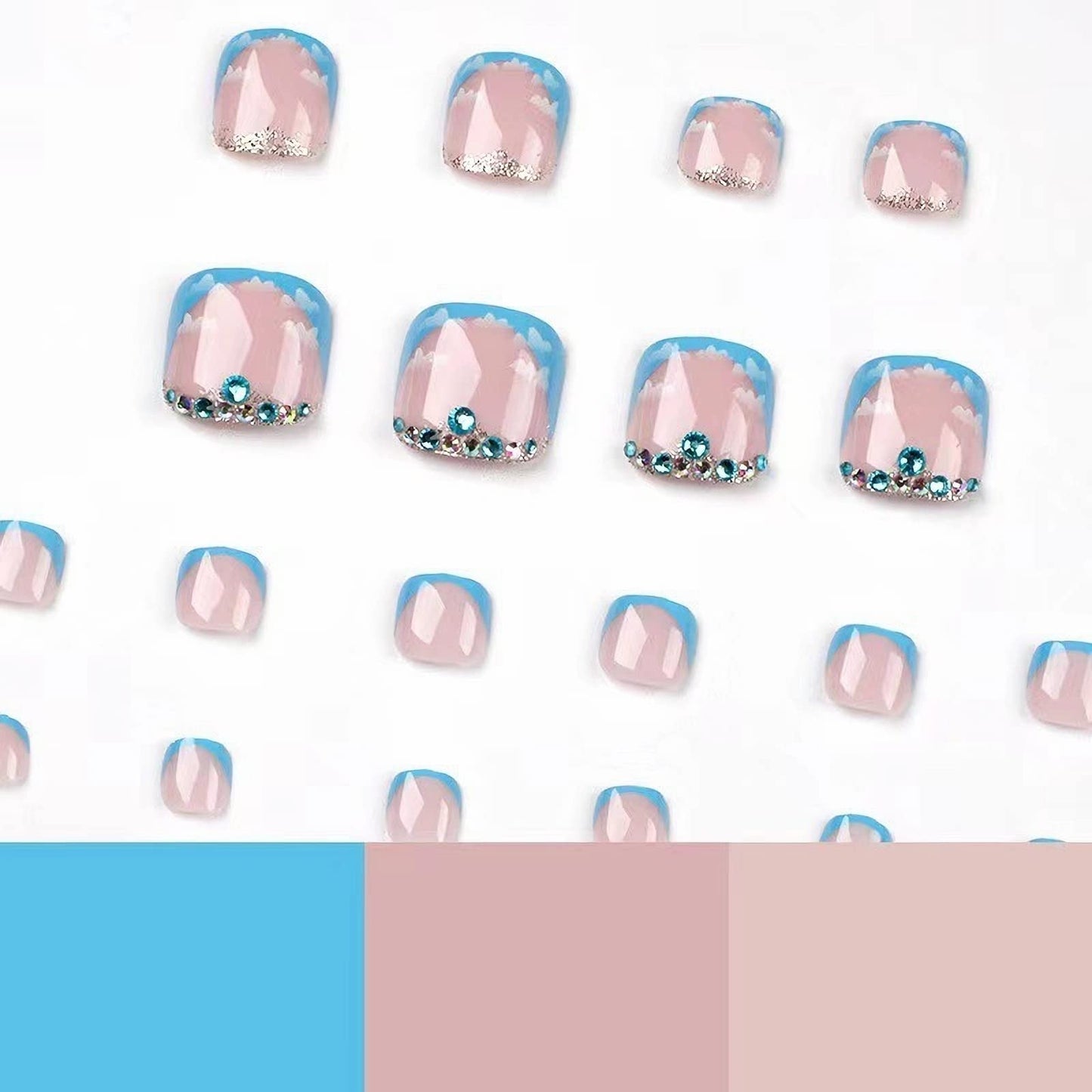 MISUD Press on Nails - Toe Glue on Nails with Blue French Tip, Acrylic Toenails Rhinestone Design 24 pcs