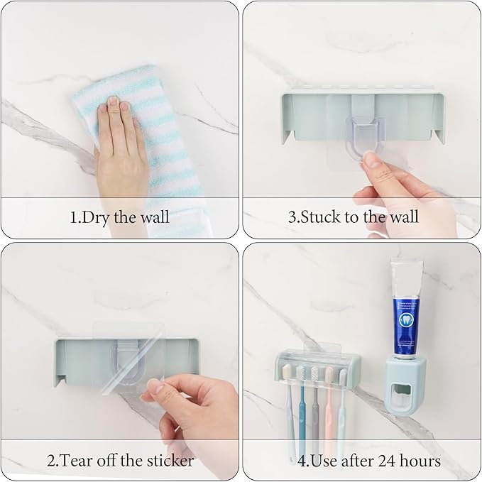 5 Slots Wall Mount Toothbrush Holder with Cover, Self Adhesive Toothbrush Storage Organizer for Shower, Toothbrush Hanger with Automatic Toothpaste Squeezer Dispenser (Blue)