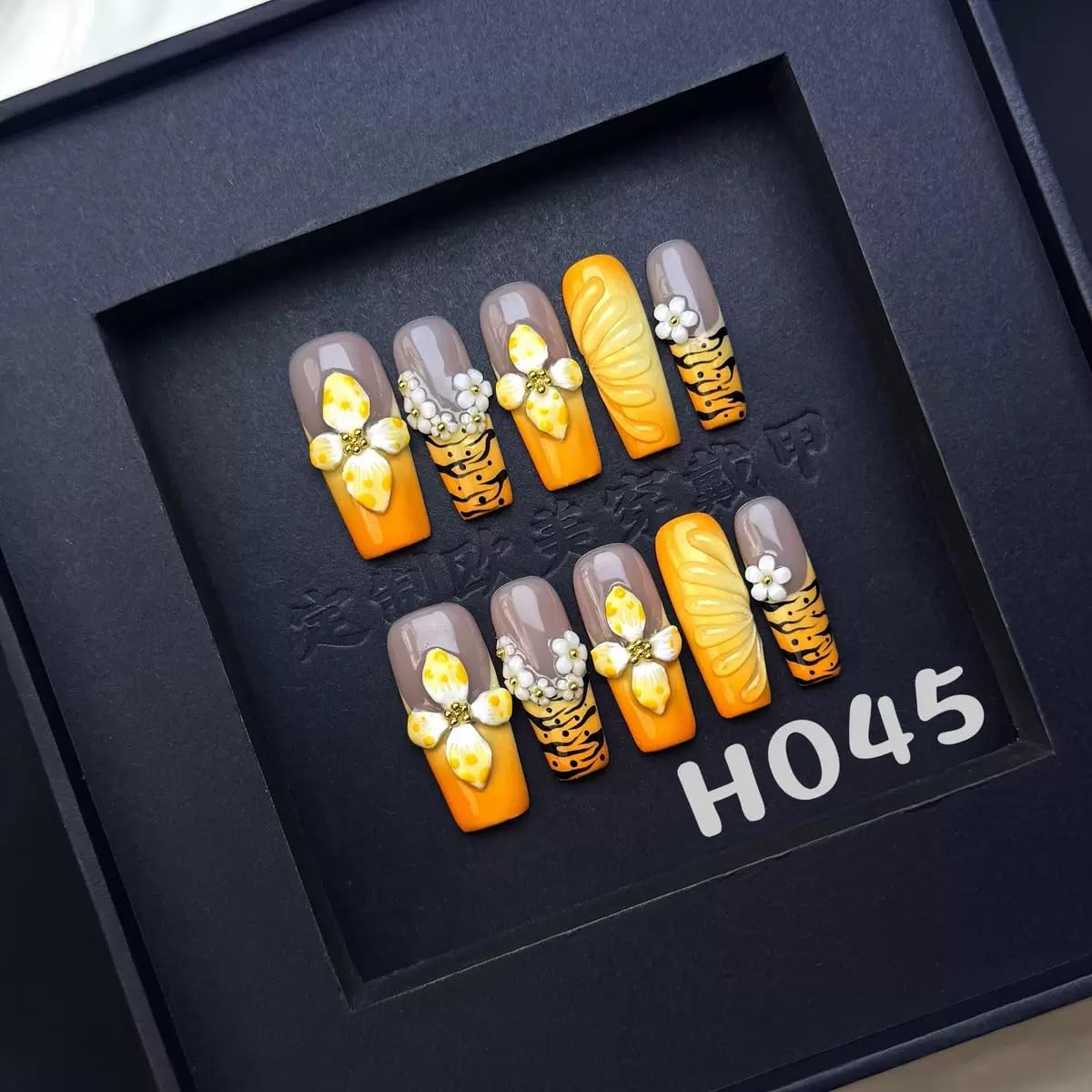 100% 5D Handmade Press on Nails Long Square Nails Press ons Ombre Leopard Orange French Tips False Nails Yellow Flower Waterdrop Press on Nails for Women Girls Daily Wear DIY Manicure Size L