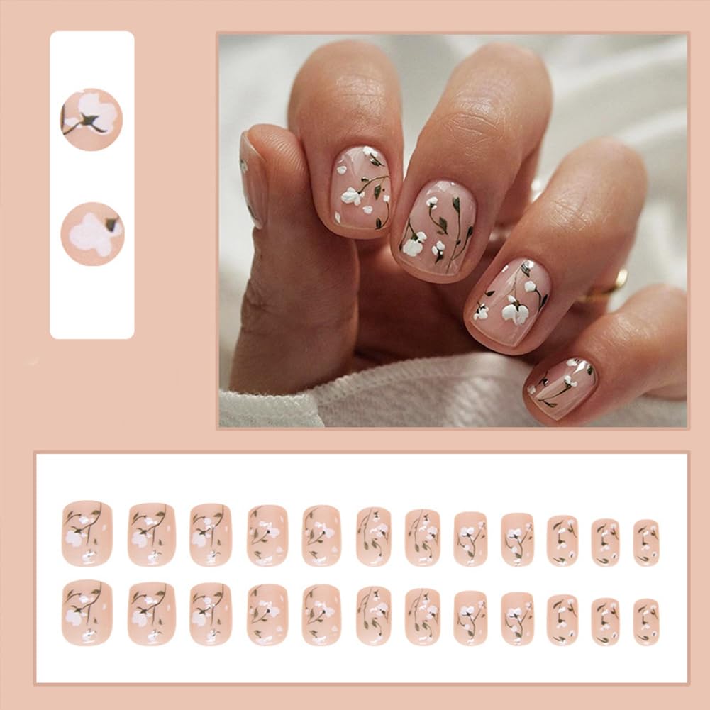 24Pcs Spring Summer Press on Nails - Pink Short Square False Nails With Floral Design Artificial Nails Acrylic Full Cover Fake Nail Kit Flower Stick on Nails For Women And Girls