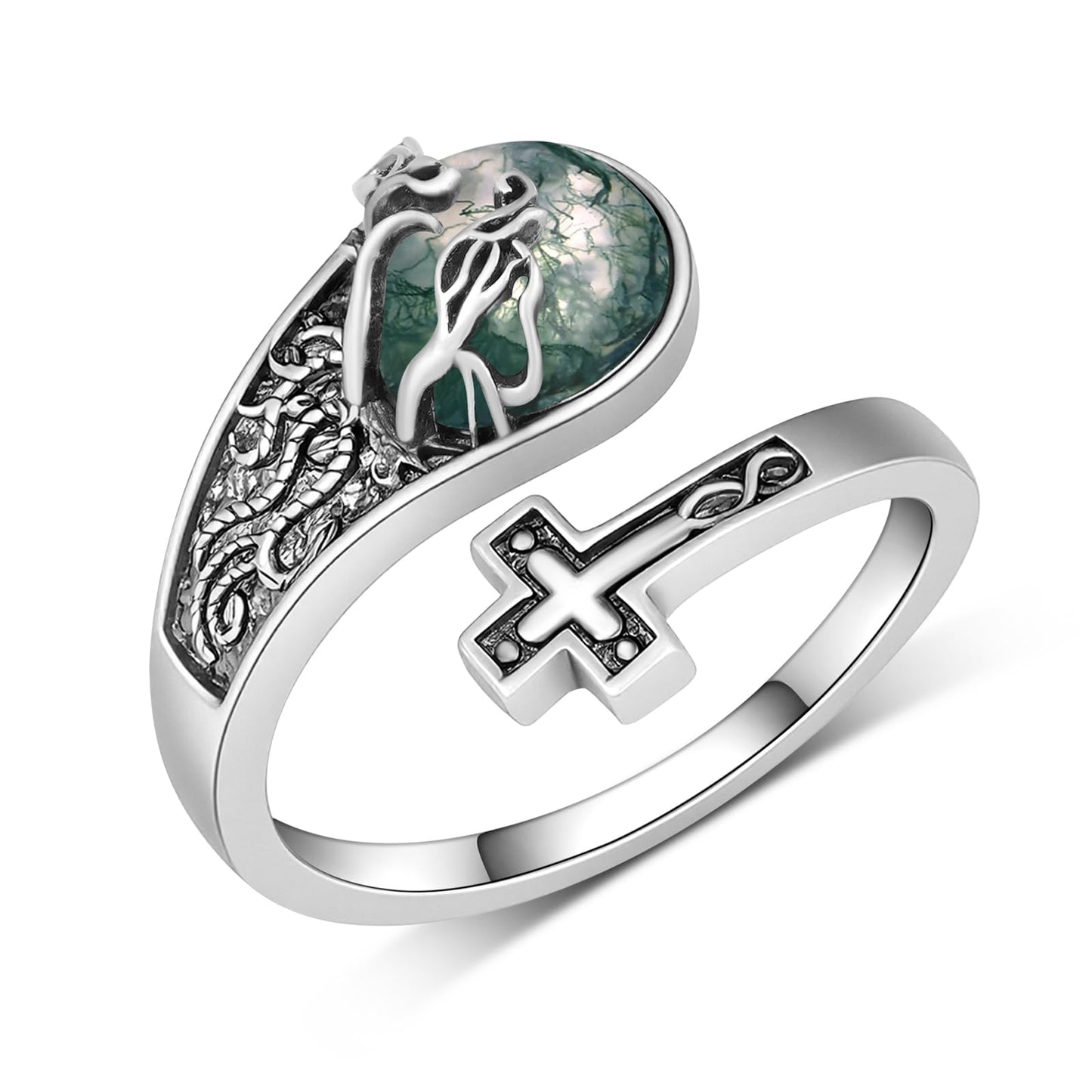 Lieditia Tree of Life Ring 925 Sterling Silver Moss Agate Cross Adjustable Rings Cross Jewelry Tree of Life Gifts for Women