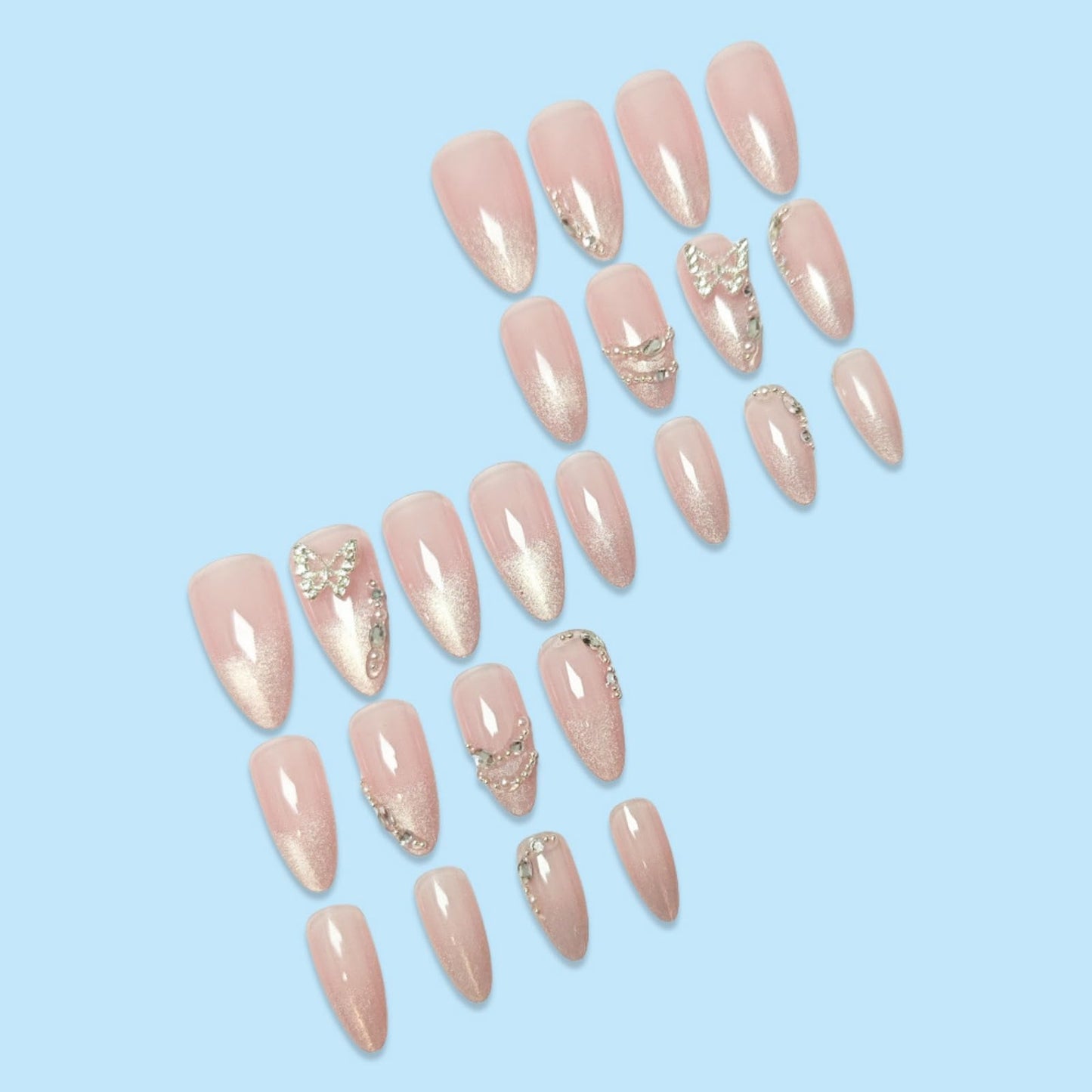 Medium Press on Nails Almond Fake Nails Ombre French Tip Artificial Nail Cute with Butterfly Designs Stick on Nail for Women 24pcs
