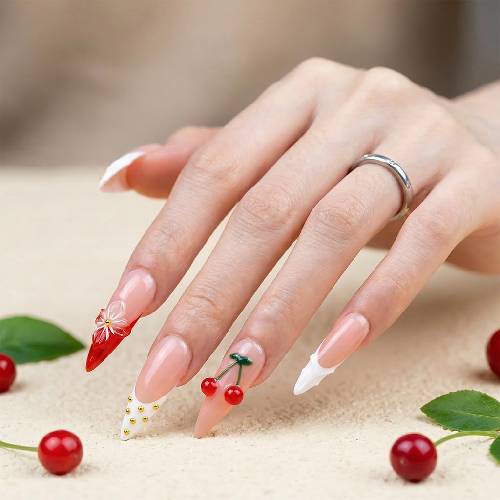 IntoVibes 10 Pieces Handmade Long Almond Press On Nails, White Thickened French False Nails, 3D Flowers And Cherries, Reusable Fake Nails Almond, Reusable Acrylic Nails (M)