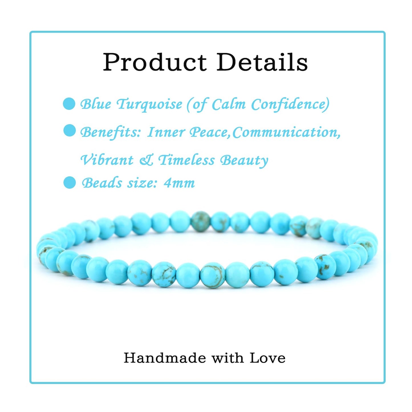 Bymitel 4mm Blue Turquoise - Handmade Reiki Gemstone Stretch Bracelet, Natural Beauty & Spiritual Essence, Crystal Healing for Unisex Adults