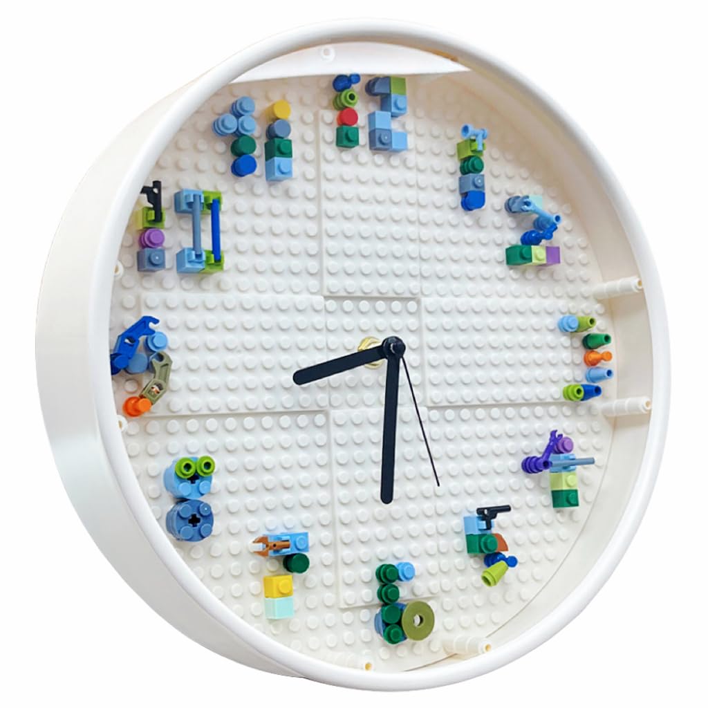 lycnufrewolf Kids' Wall Clocks, Kids' Room Decorations,DIY Building Block Clock, Wall Decor for Game Rooms and Children's Bedrooms, Creative, Cool & Cute Style, Boys' Birthday Gifts (White Frame)