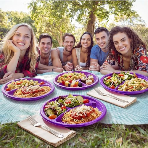 Umigy 100 Pcs 10 Inch 3 Compartments Divided Plastic Plates Bulk Colorful Disposable Heavy Duty Round Dinnerware for Party Valentine Wedding Birthday(Purple) - color: Purple