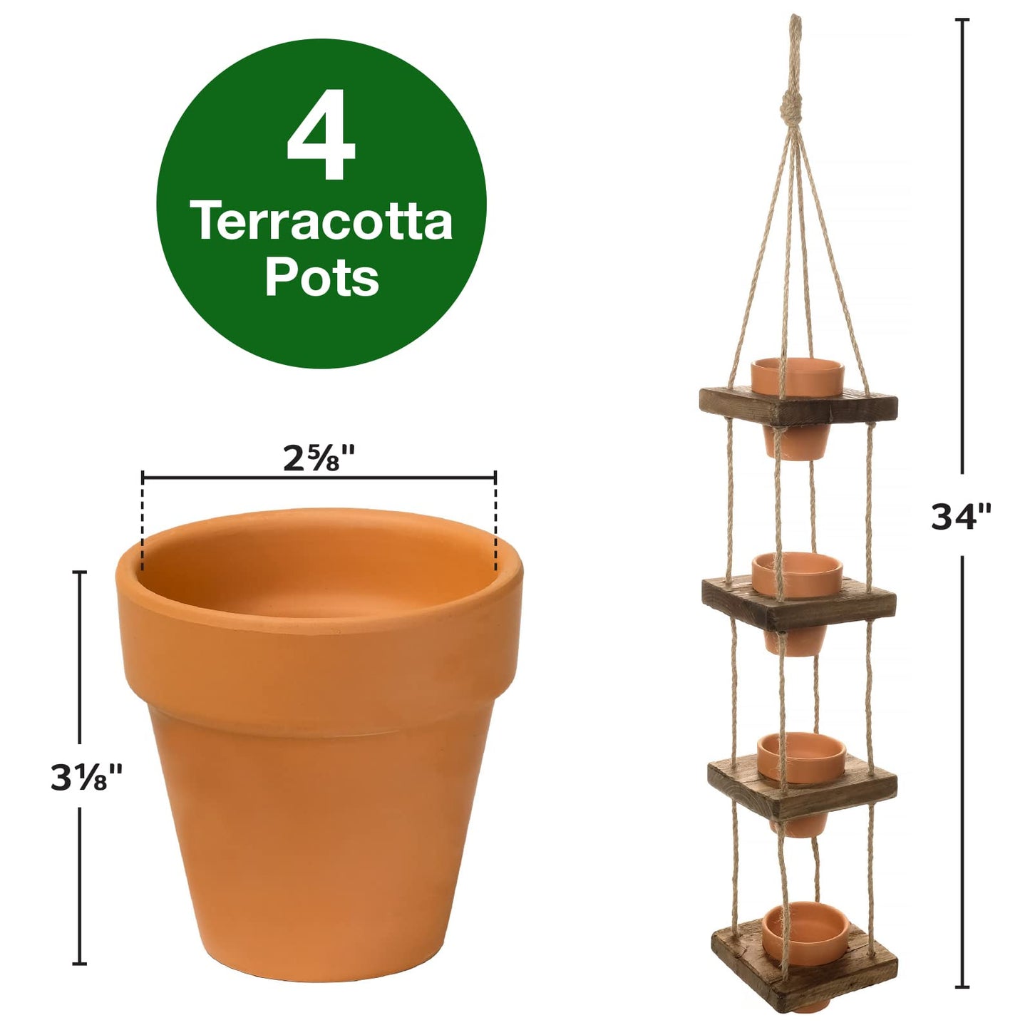 EXCELLO GLOBAL PRODUCTS Rustic 4-Tier Wooden Hanging Planter with Distressed Finish - Farmhouse Style. Comes with 4 Terracotta Pots, Ready for Hanging.