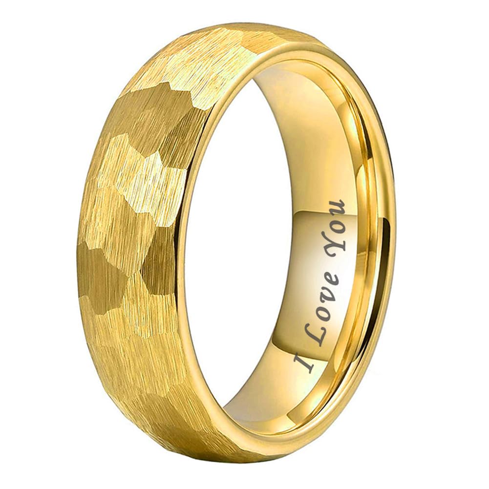 TUTISS 6mm Gold Hammered Tungsten Rings for Men Women Engagement Wedding Bands Domed I Love You Engraved Comfort Fit Size 7