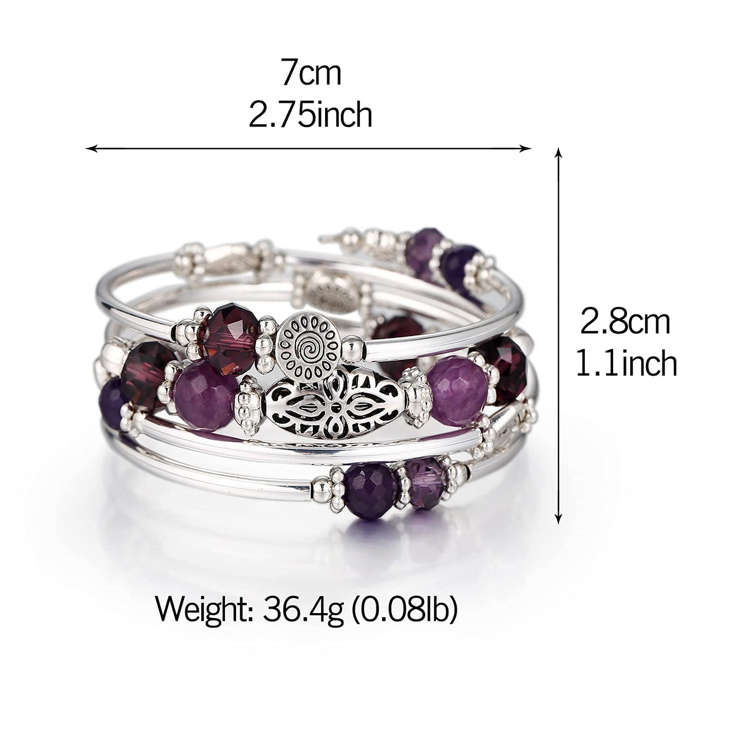 FULU AUTUMN Stackable Beaded Bracelets for Women Boho Wrap Silver Bracelet Layered Fashion Jewelry Gifts for Her(Purple)