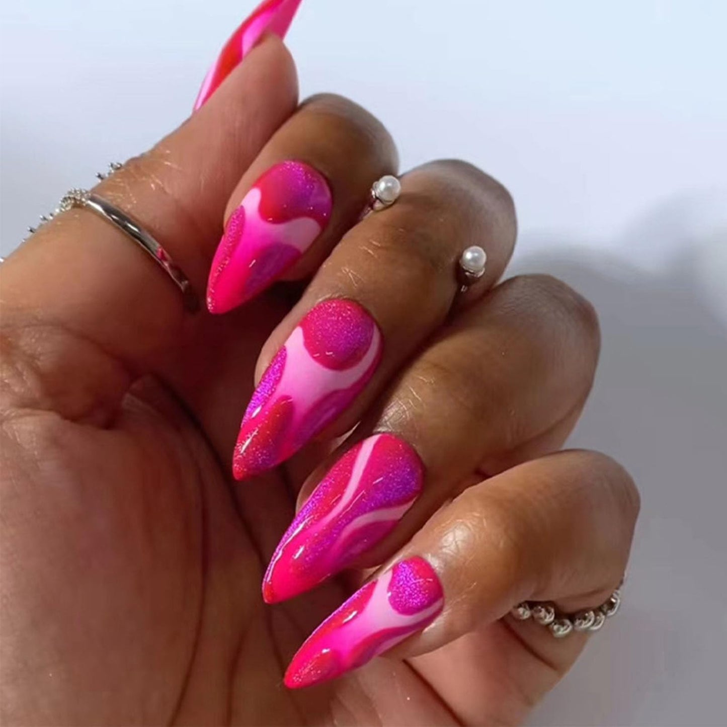 IMRAIN Hot Pink Press on Nails Medium Almond Fake Nails Cat Eye False Nails Bling Wave Glossy Acrylic Full Cover Artificial Stick on Nails for Women Girls 24Pcs