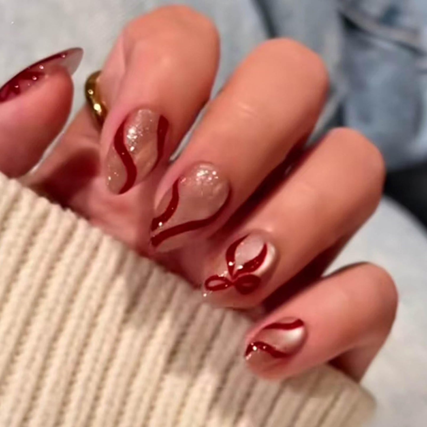 Hkanlre Sequins Press on Nails Almond Full Cover False Nails Red Fake Bow Nails Medium for Women 24PCS