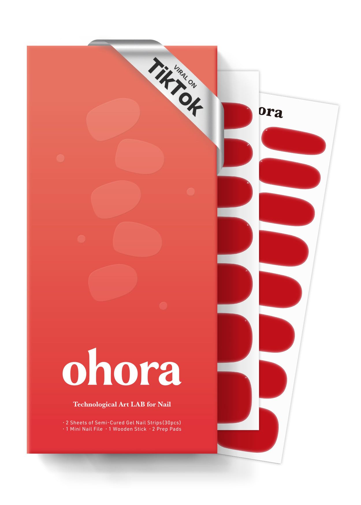 Ohora Semi Cured Gel Nail Strips (N Hot Cherry) - Salon-Quality, Long Lasting, Easy to Apply & Remove - Includes 2 Prep Pads, Nail File & Wooden Stick