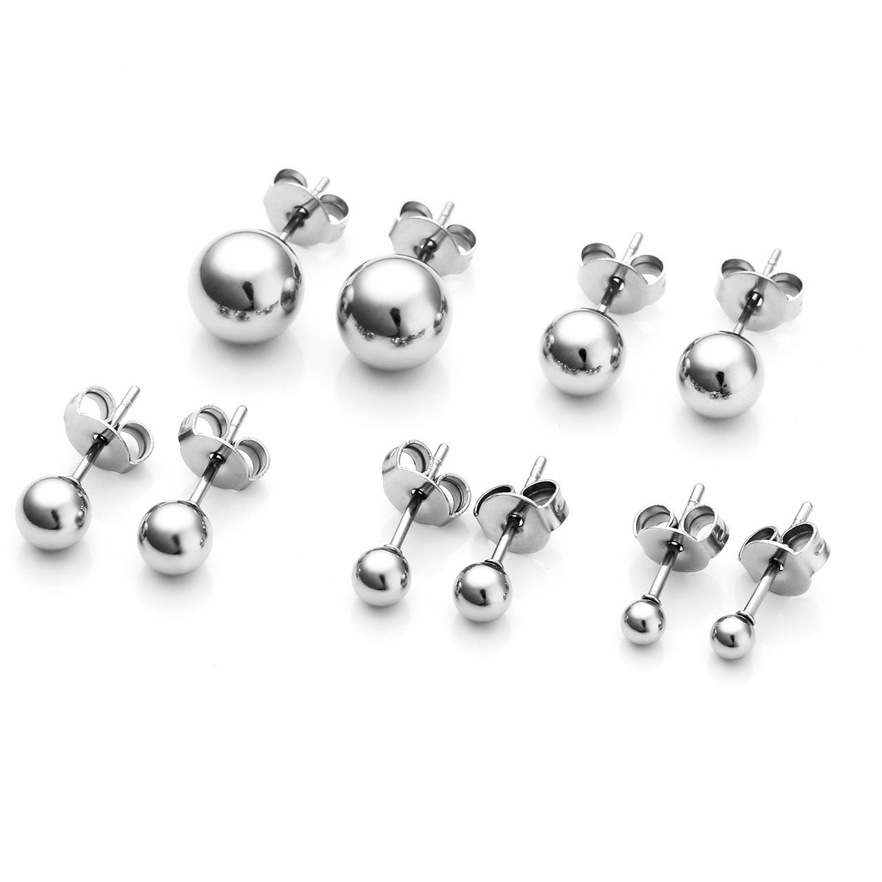 Top Plaza 10Pcs Hypoallergenic Stainless Steel Round Ball Earrings for Women Men Studs Earring Set 3mm-8mm(Silver)
