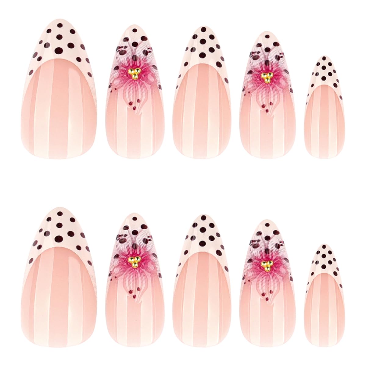 French Tip Press on Nails Almond, Medium Fake Nails with 3D Flower & Polka Dot Design, Soft Gel Nail Tips, Acrylic Nails Press ons, Reusable Full Cover Glue on Nails for Women 24Pcs
