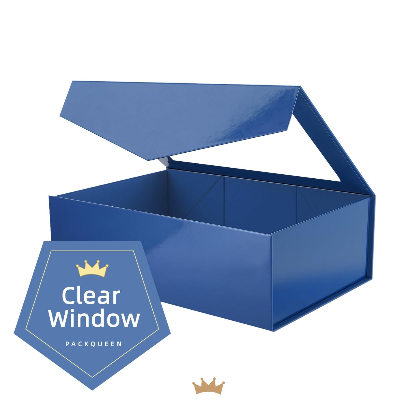 PACKQUEEN Large Blue Gift Box with Window, 13.5x9x4.1 Inches Clear Gift Box for Present Contains Ribbon, Card, Groomsman Proposal Box with Magnetic Lid (Glossy Blue)