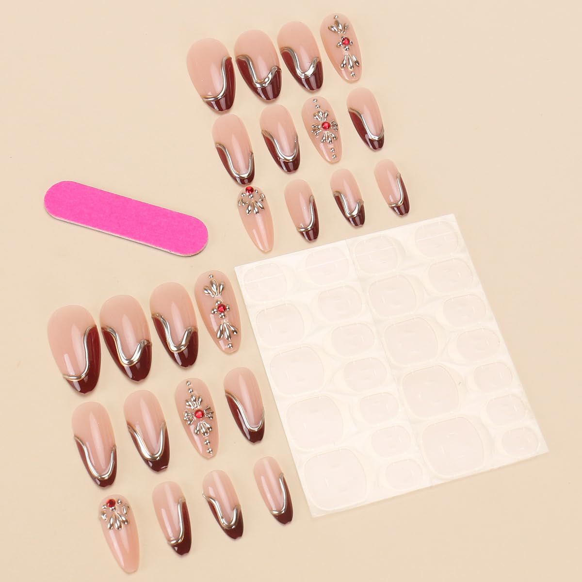 Almond Press on Nails Wine Red French Tip Fake Nails 3D Gold Sun Acrylic Nails with Rhinestone Artificial Nails Medium False Nails Glossy Glue on Nails for Women Manicure 24Pcs