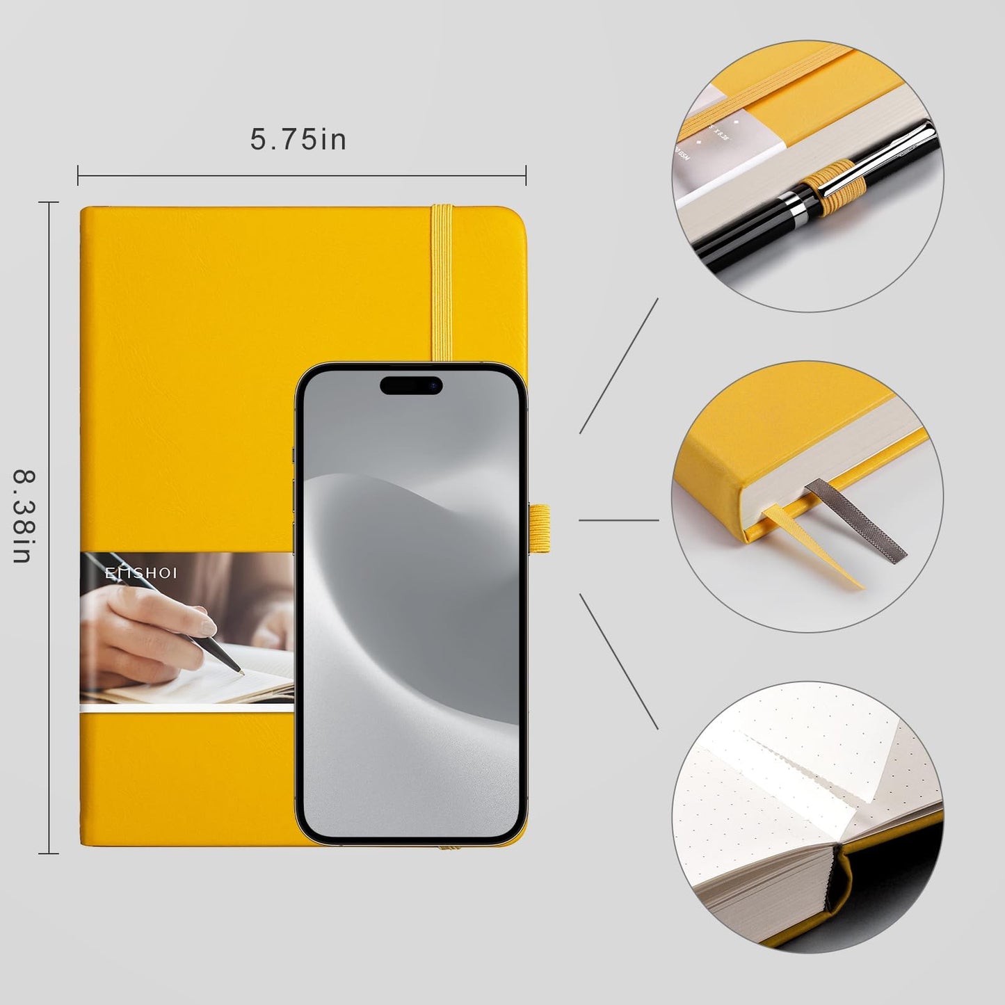 EMSHOI A5 Dotted Notebook Hardcover Leather Journal, 256 Pages 120gsm Thick Paper A5 Journal 5.75"x8.38", 16 Perforated Pages & Inner Pocket, Durable Dot Grid Notebook for Bullet Journaling, Yellow