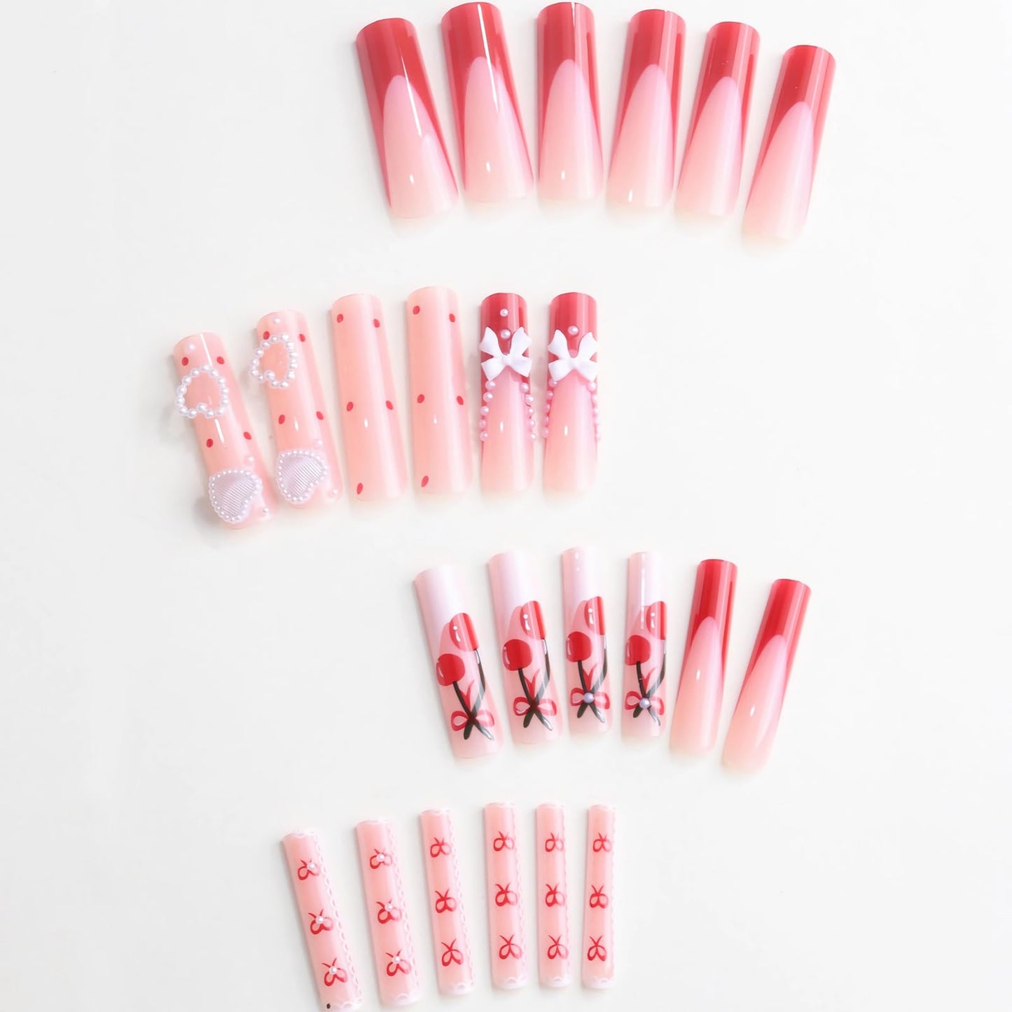 MISUD Press on Nails - Extra Long Square Glue on Nails with Red French Tip, Acrylic Cherry Bow Design 24 pcs