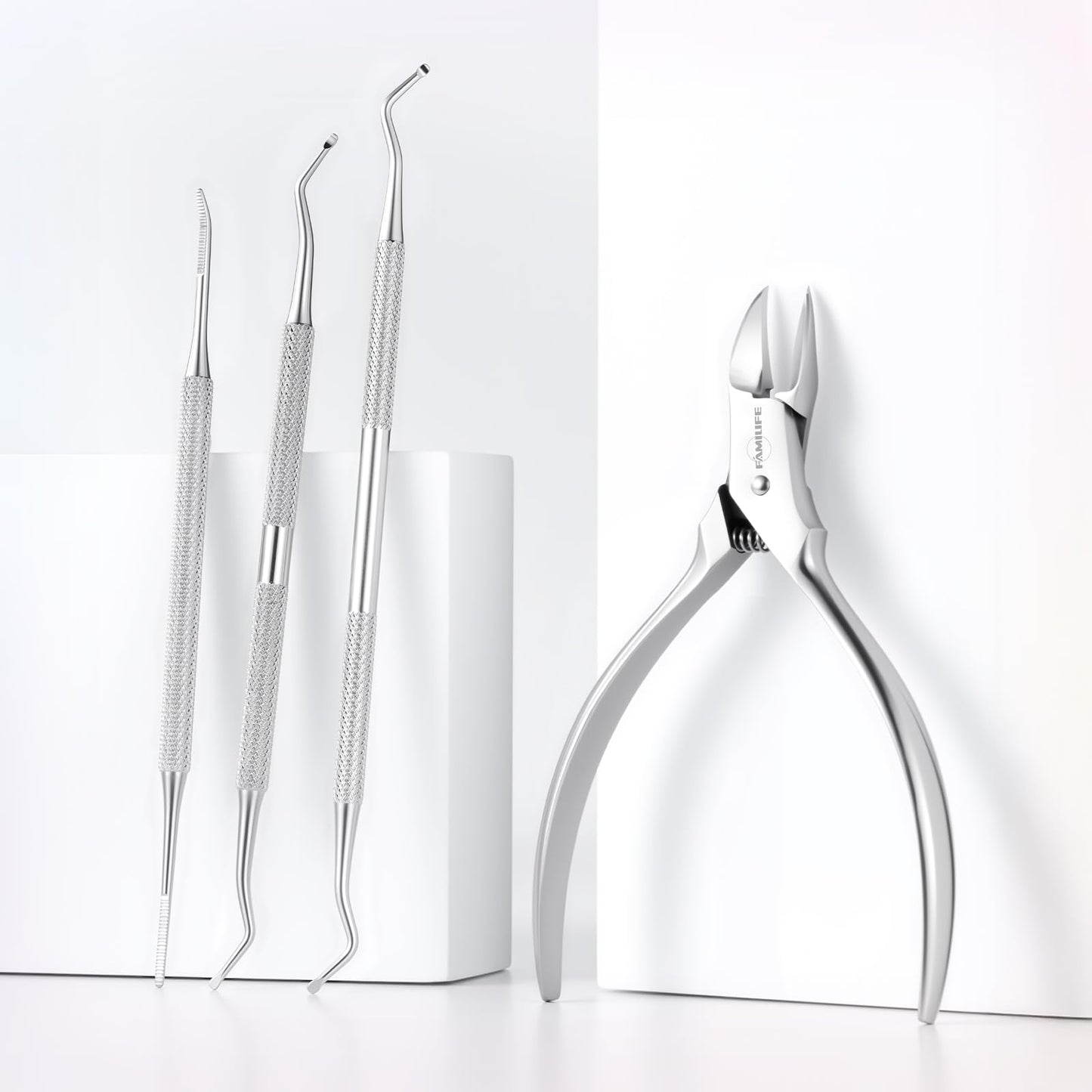 FAMILIFE Stainless Steel Pedicure Kit with Ingrown Nail Lifters, Precision File & Clipper, Multi-Use Cuticle Nippers and Trimmer for Home Foot Grooming and Correction
