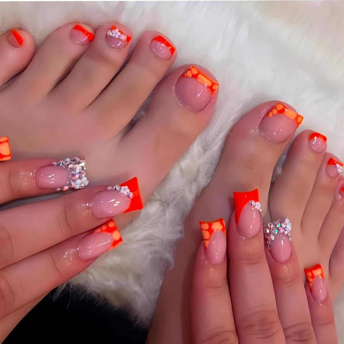 48Pcs Orange French Tip Press on Nails Medium Duck Fake Nails with Flower Rhinestones Design Short Square Press on Toenails Crocodile Print False Toenails Floral Fake Toenails for Women Girls Manicure