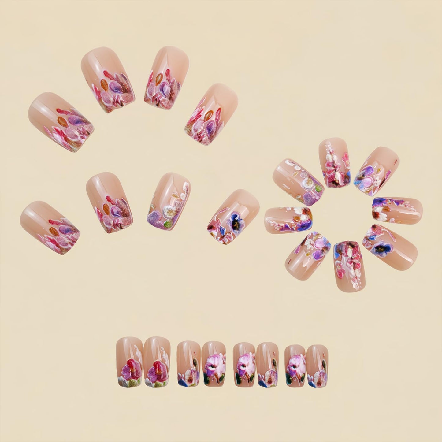 Flower Press on Nails Short Square Fake Nails with Floral Designs Nude Pink False Nails Press ons Spring Summer Stick on Nails Colorful Flower Glue on Nails for Women Manicure