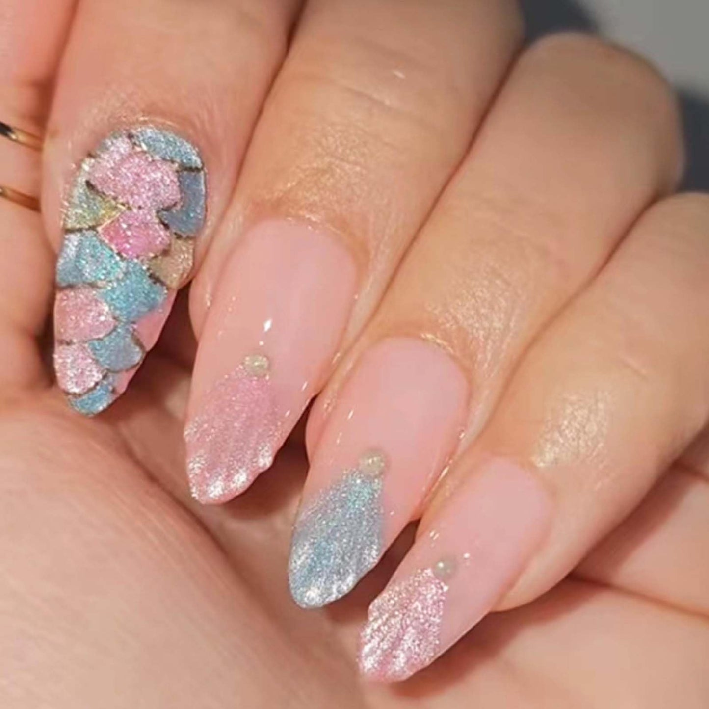 Hkanlre Almond Fake Nude Nails Tips Full Cover False Medium Nails Summer Flower Press on Nails for Women 24PCS