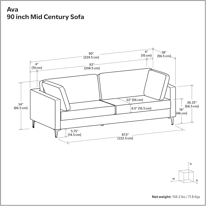 SIMPLIHOME Ava Sofa in 100% Recycled Polyester Tightly Woven Performance Fabric, Cream, 90-inches Wide, Handcrafted Mid-Century Modern Style Sofa for Living Room or Couch for Family Room