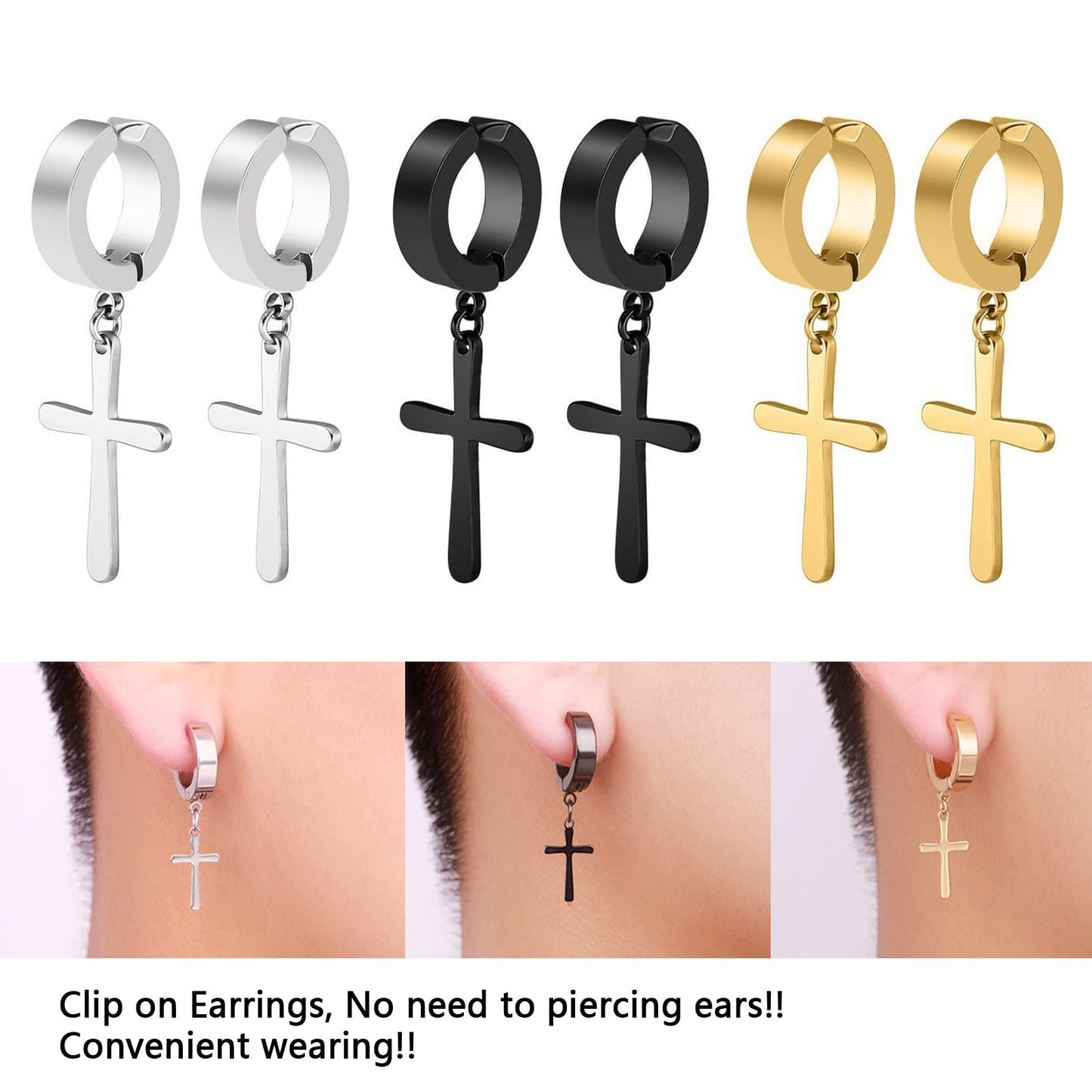 11 Pairs Non-pierced Earrings Set for Men Women Cross Titanium Steel Hoop Dangle Clip On Earring