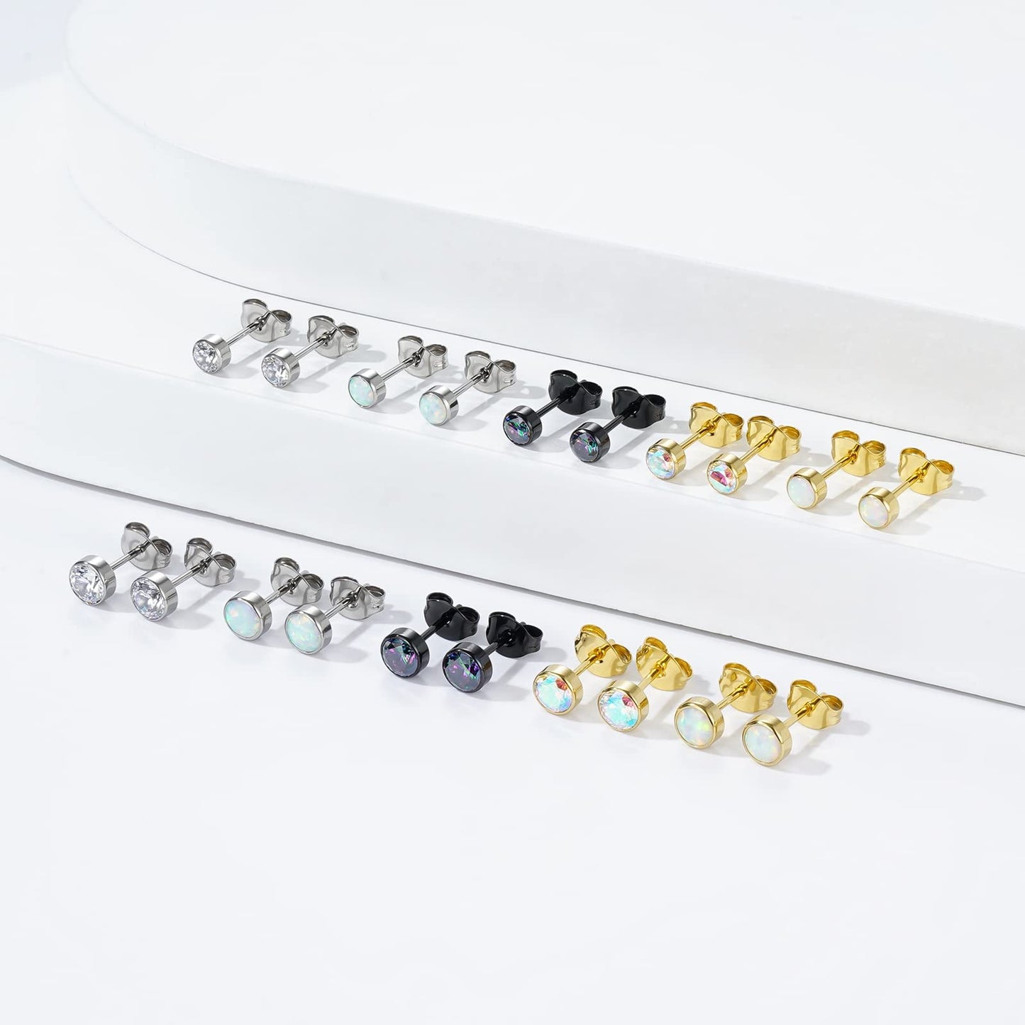 1 Pair G23 Titanium Stud Earrings Set Hypoallergenic 3mm 4mm 5mm 6mm Cubic Zirconia Studs for Women Men for Sensitive Ear(5mm bezel silver clear)