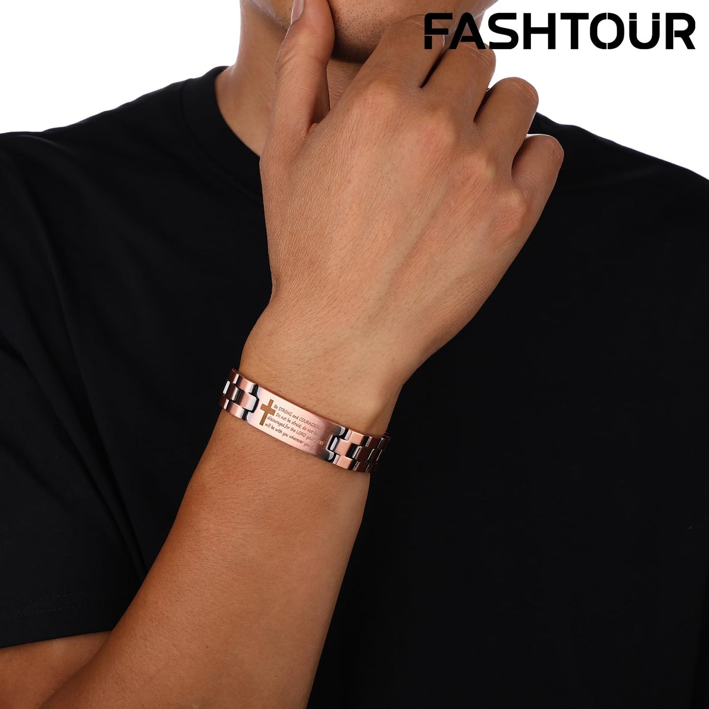 Fashtour Copper Magnetic Cross Bracelet for Men - Ultra Strength Magnetic Mens Cross - With Size Adjustment Tool (Joshua 1:9)