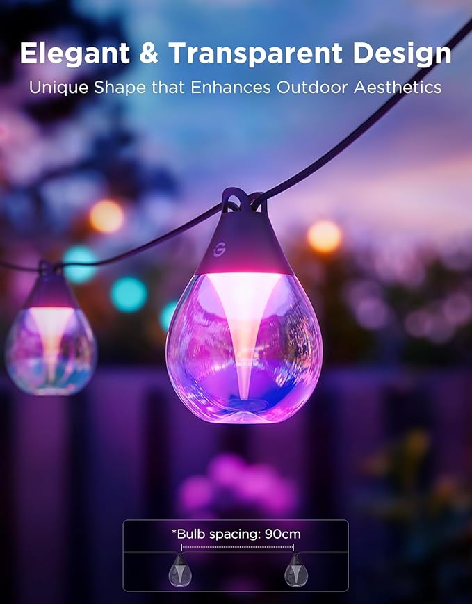Govee Outdoor Clear Bulb String Lights 144ft, RGBWIC Smart Outdoor Lights with 45 Dimmable LED Bulbs, 111 Scene Modes, IP67 Waterproof Shatterproof, Works with Alexa, Google & Matter for Patio