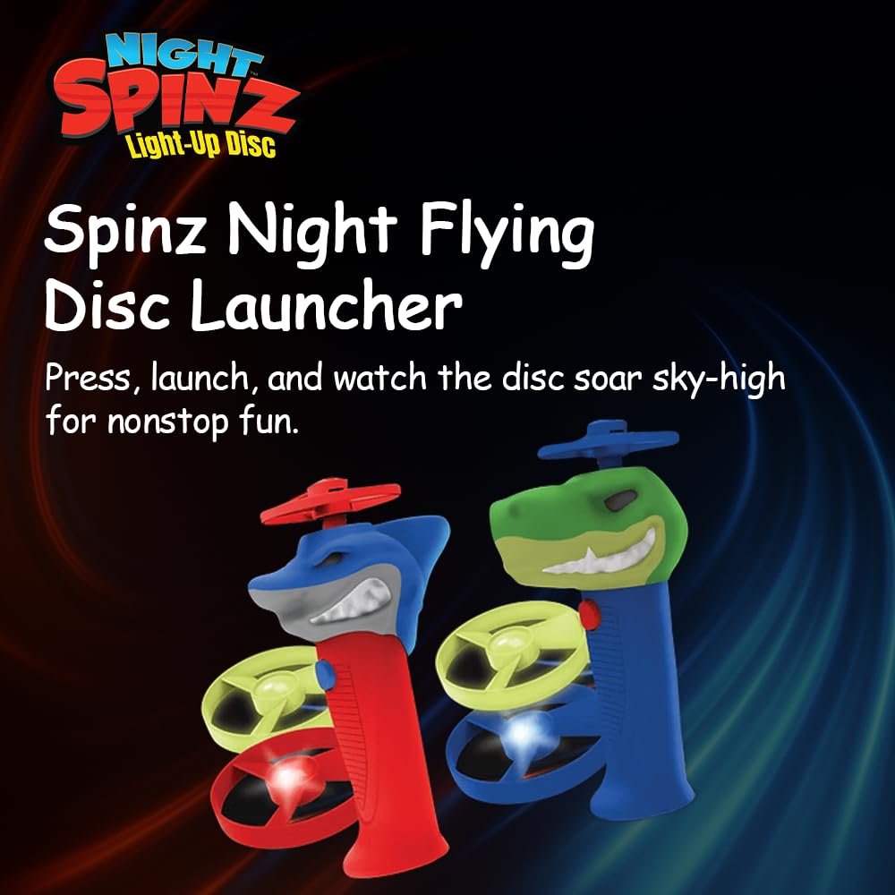 Spinz Night T-Rex Flying Disc Launcher, Light Up Propeller Outdoor Toy with Dinosaur Head and 2 Spinning Discs, Flies Over 30 Ft, 5+ Years