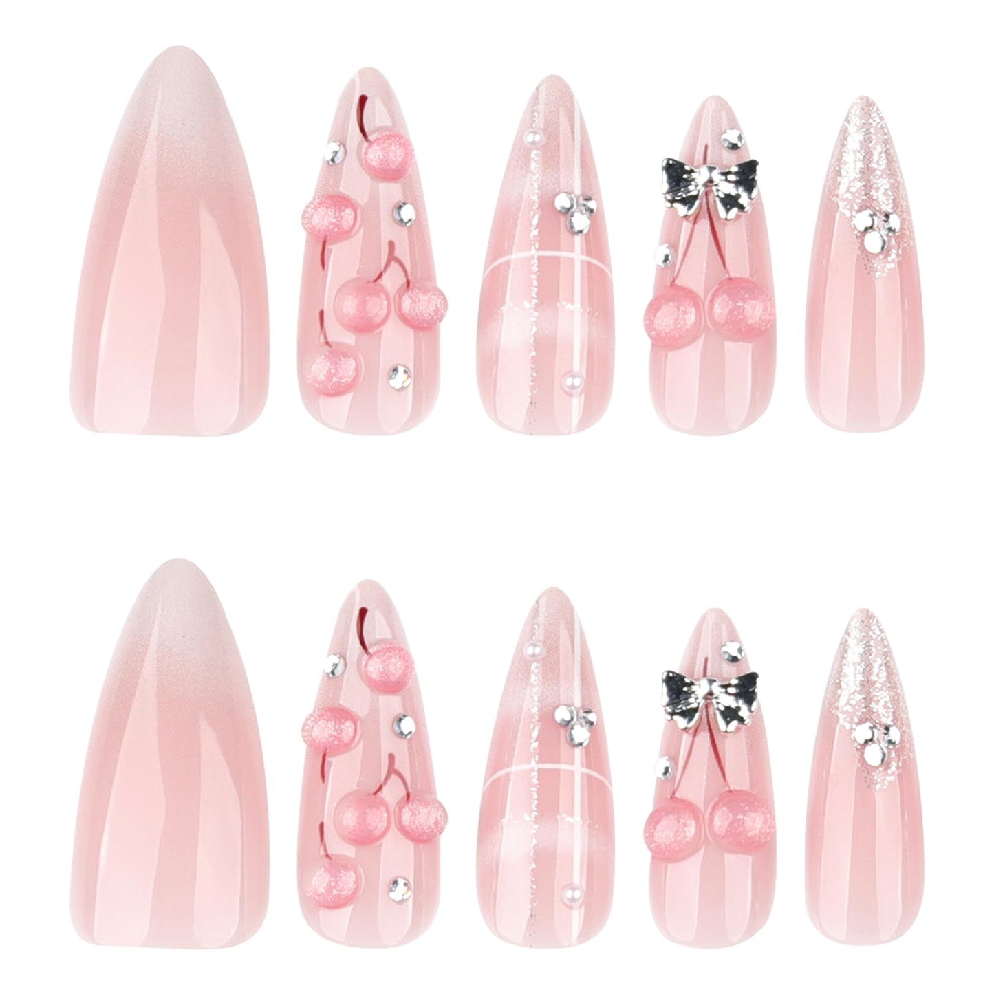 Almond Press On Nails Medium Long Fake Nails Press Ons With 3D Cherry Rhinestone Design Acrylic Nails Silver Bow False Nails Pink Glossy Glue On Nails For Women