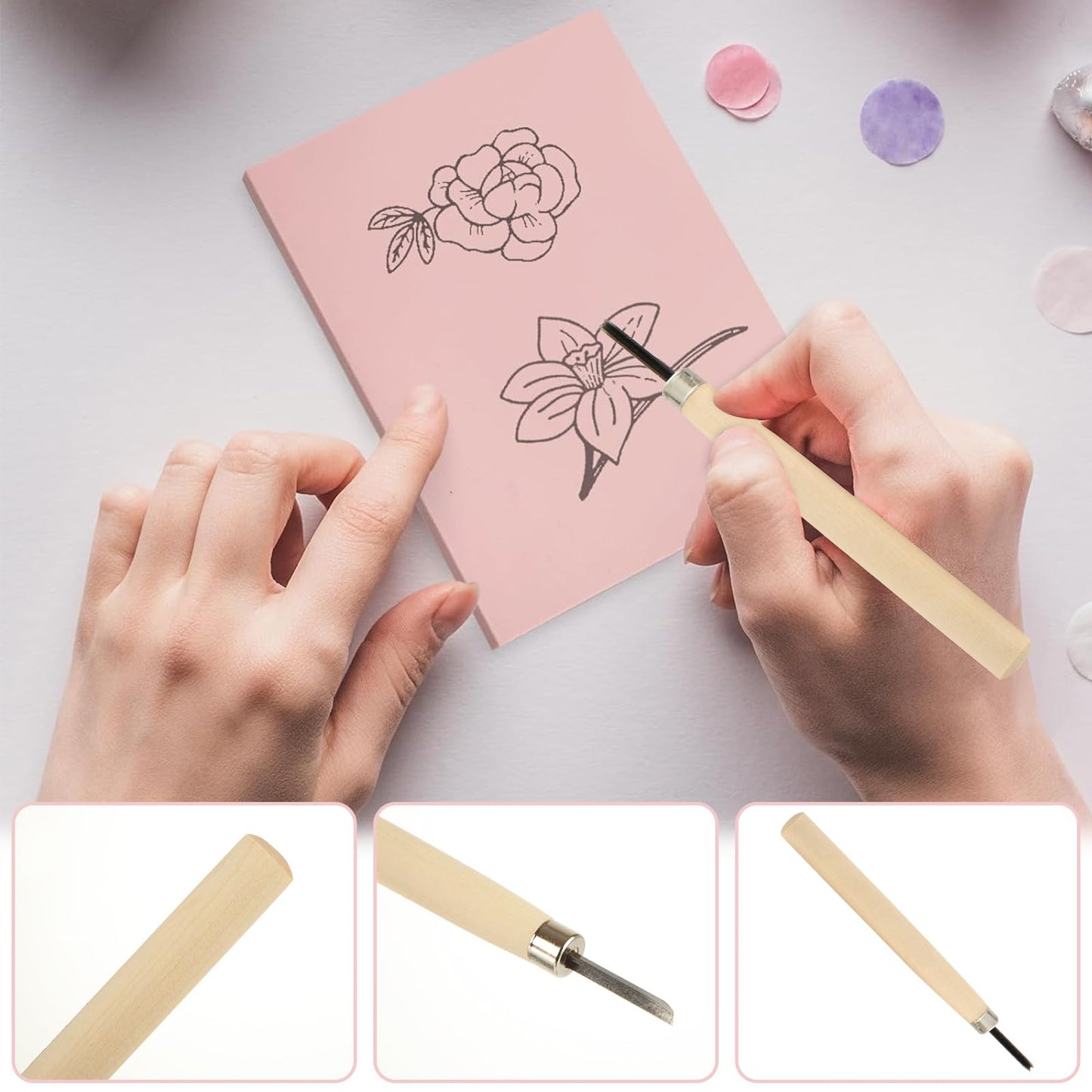 DIRBUY 10 Pack Rubber Stamp Making Kit - Block Printing Kit，Linoleum Carving Tools with 8 Type Blades, 8 Pcs Pink Rubber Carving Block and Rubber Brayer Roller
