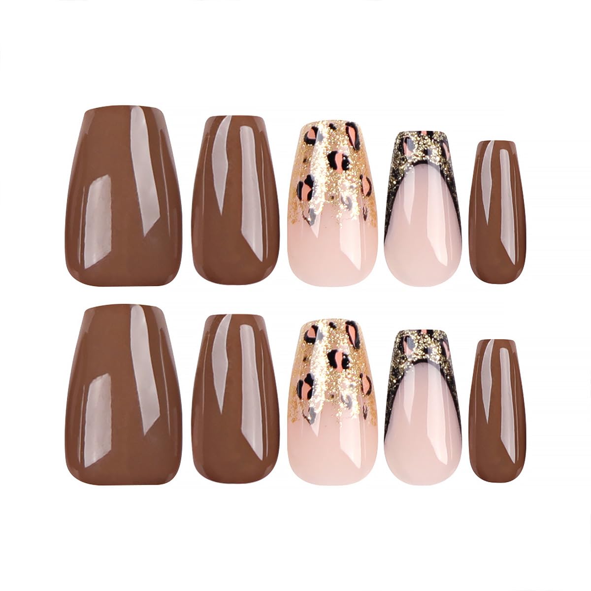 24Pcs French Tip Press on Nails Medium Coffin Fake Nails with Brown Leopard Print Design Silver Glitter Full Cover Artificial Glue on Nails Glossy Stick on Nails Nude Nail Supplies for Women DIY Nails