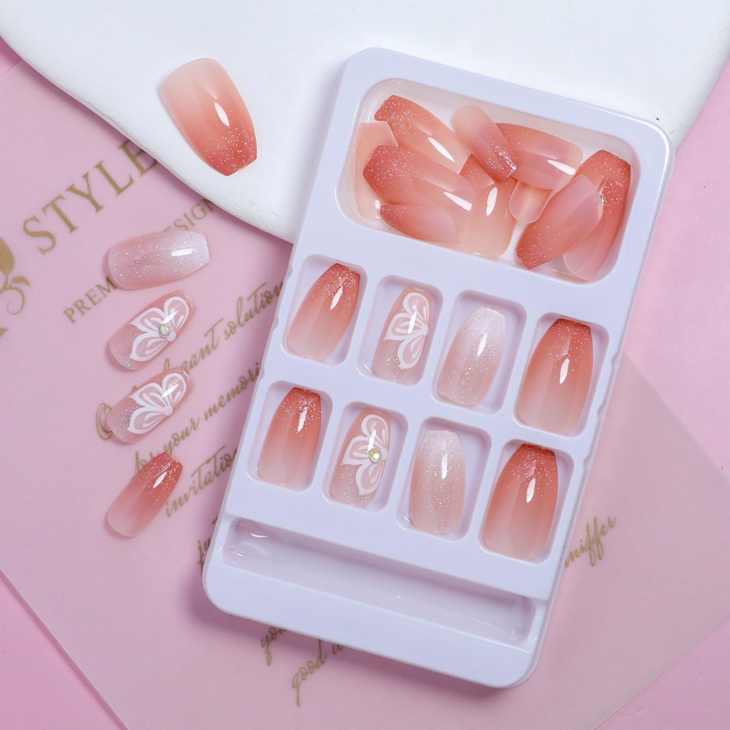 Press on Nails Medium Coffin SWEKKE Fake Nails Nude Pink Gradient Full Cover False Nails with Flower Designs Pink Glitter Glossy Glue on Nails Artificial Acrylic Nails for Women Girls 24 Pcs