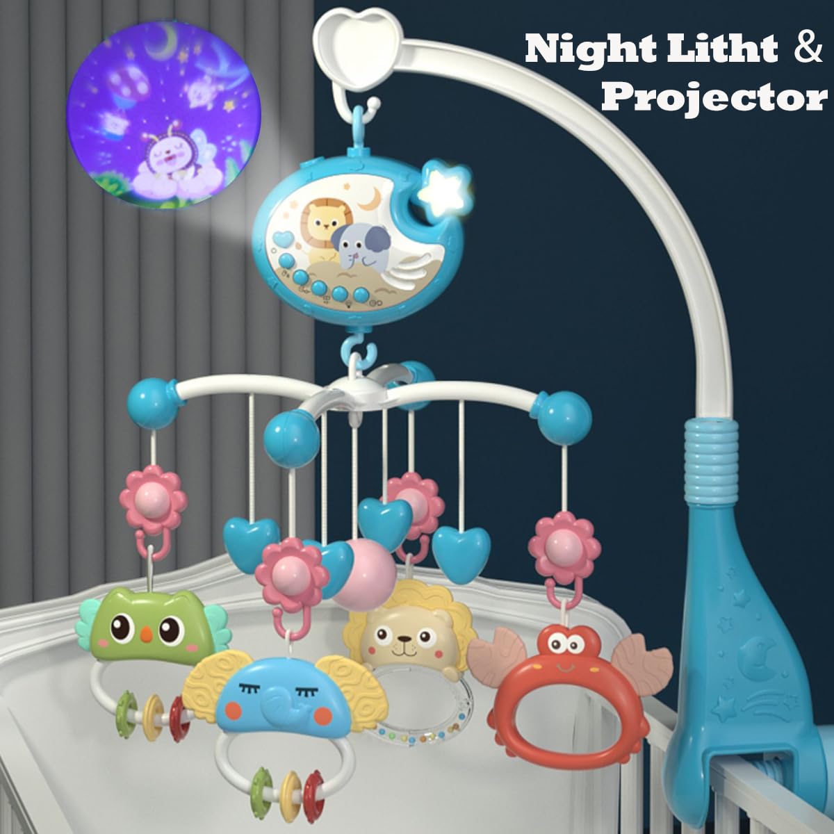 Baby Crib Mobile with Music and Light, Crib Toy with Remote Control ＆ Timming Function, Projector Rotating Hanging Rattles Toys Baby Mobile Gift Toy for 0-24 Moths Boys and Girls