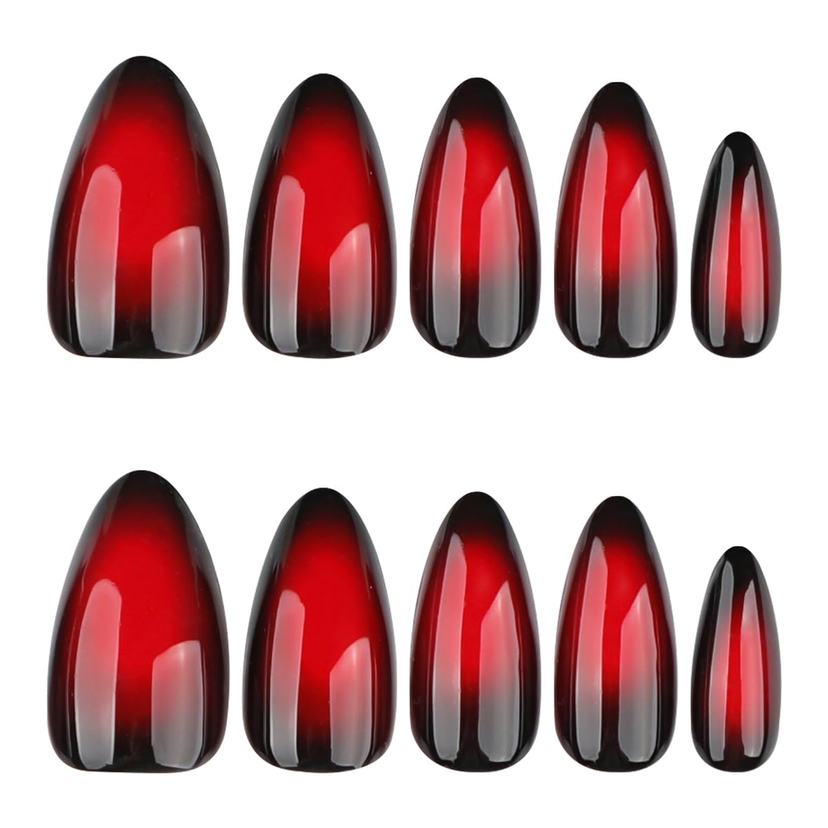 Red Black Ombre Press on Nails Medium Almond Fake Nails Sassy False Nails Full Cover Glossy Acrylic Nails for Women 24PCS