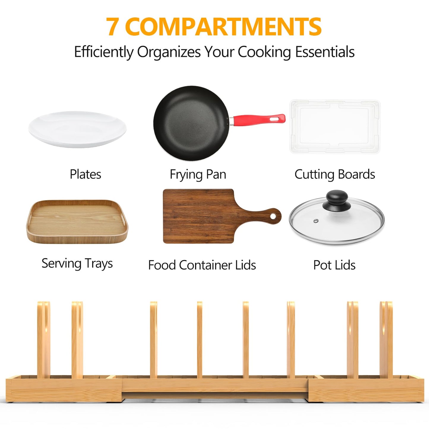 FoverOne Expandable Pot Lid Organizer, Bamboo Pot and Pan Organizer for Under Cabinet, 16" to 28" Adjustable Length and 8pcs Dividers