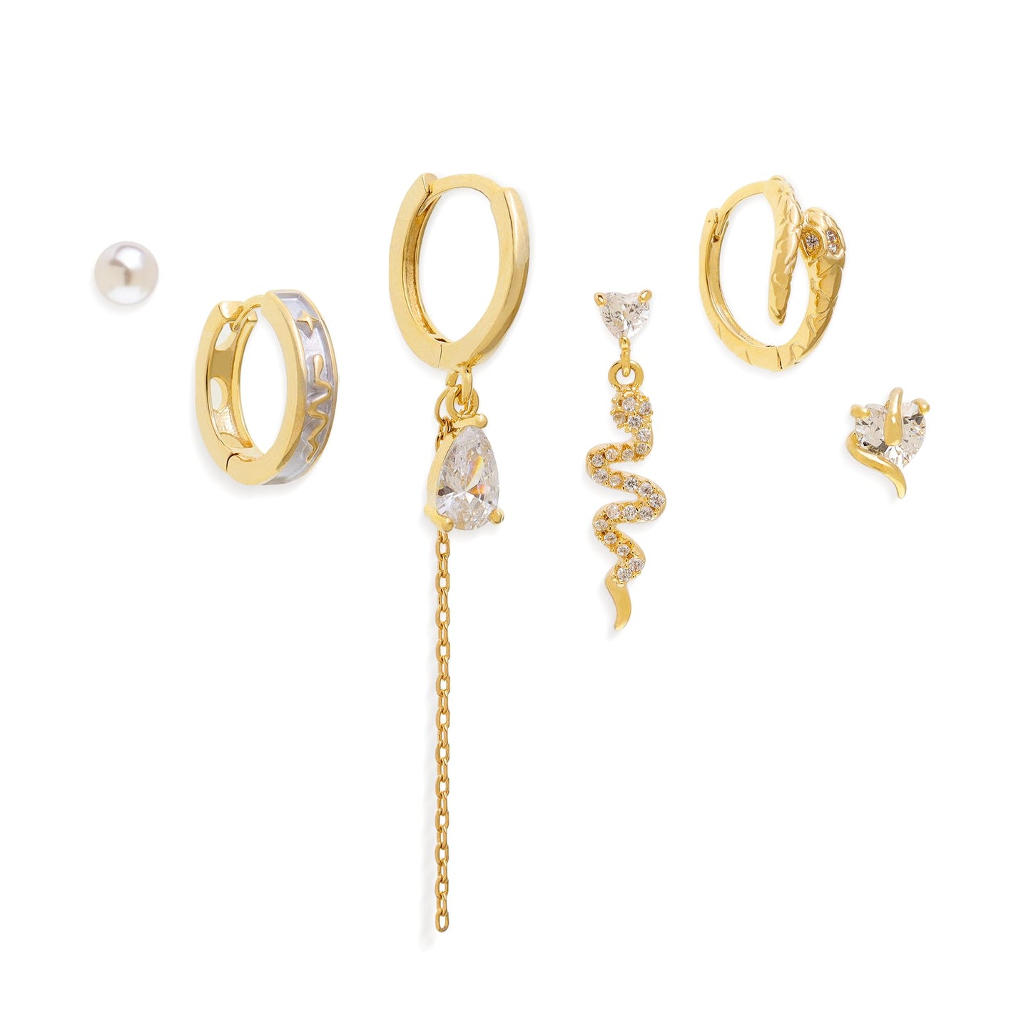 Frigotine 3PCS Gold Snake Hoop Stud Earrings Stack Set for Women, Dainty Pearl Rhinestone Teardrop Chain Multiple Piercing Cartilage Earing Prom Jewelry Gifts.