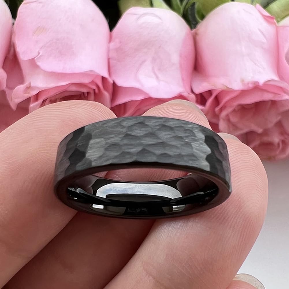TUTISS 6mm Black Hammered Tungsten Rings for Men Women Fashion Engagement Wedding Bands Pipe Cut Matte Finish Comfort Fit Size 10