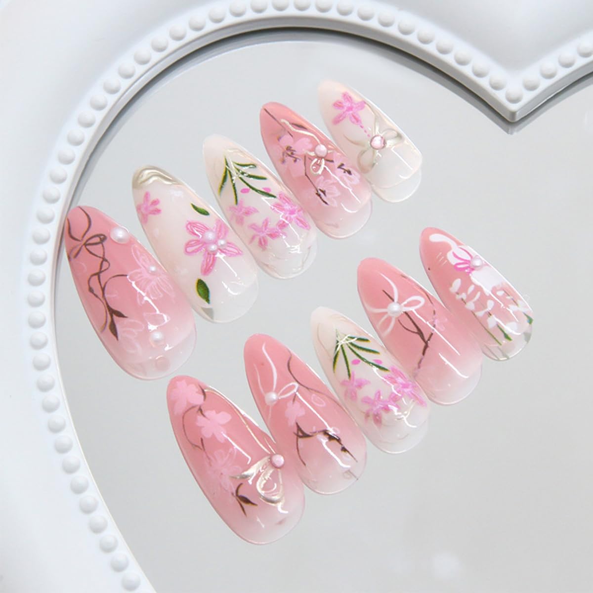 24Pcs Cute Spring Floral Press on Nails Medium Almond Fake Nails Pink Cherry Blossom Bow False Nails with Pearl & Cat Design Reusable Acrylic Glue on Nails for Women Summer Party Manicure Decorations
