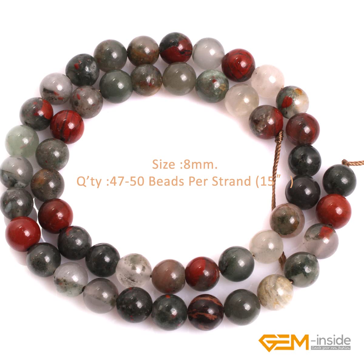 GEM-Inside Natural 8mm Africa Bloodstone Gemstone Loose Beads Round Crystal Energy Stone Power Beads for Jewelry Making 15"