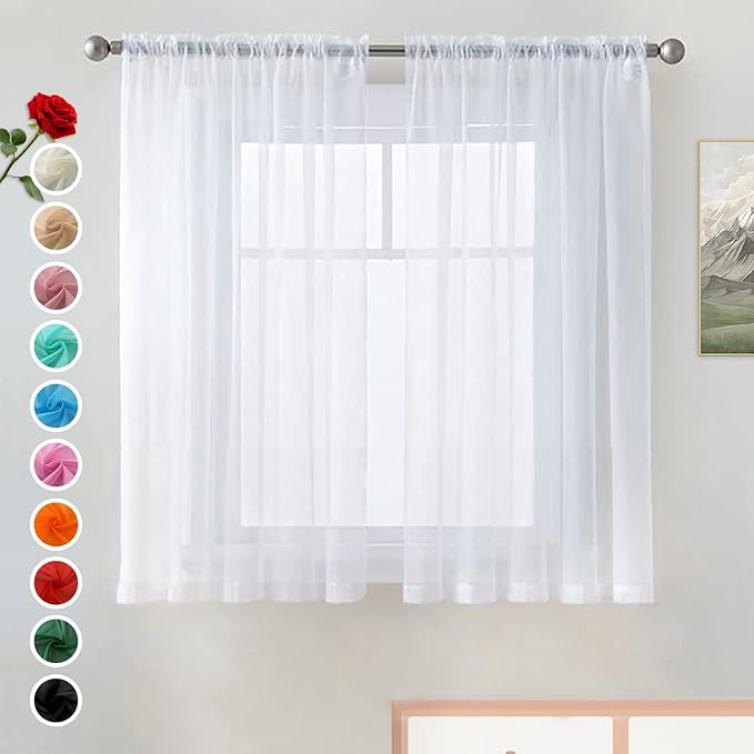 SpaceDresser Basic Rod Pocket Sheer Voile Window Curtain Panels White 1 Pair 2 Panels 42 Width 54 Inch Long for Kitchen Bedroom Children Living Room Yard(White,42 W x 54 L)