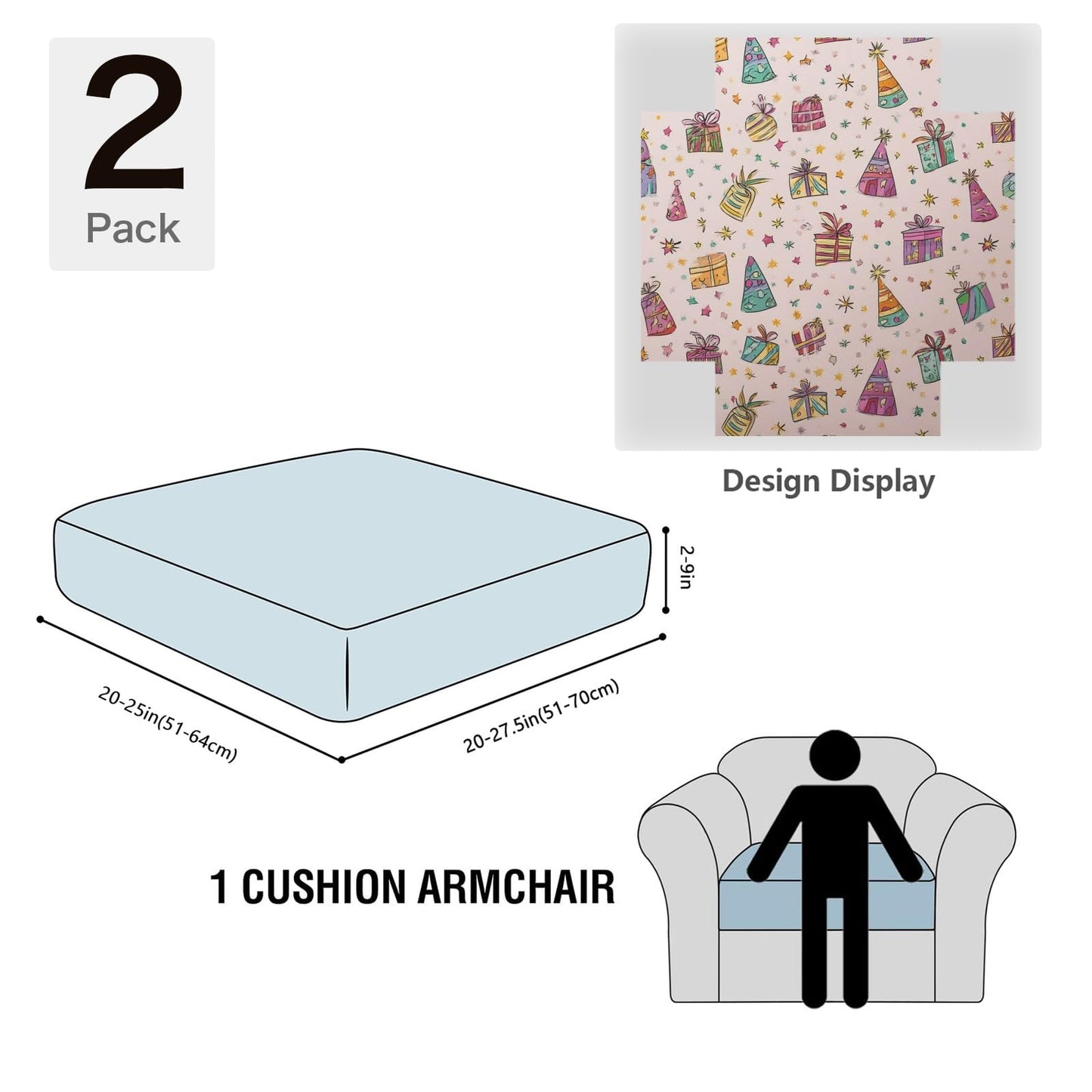 pnyoin Colorfule Gift Box Stretch Individual Seat Sofa Cushion Covers Elastic Couch Cushion Cover Slipcover Sets -2 Piece Sofa Cushion Covers