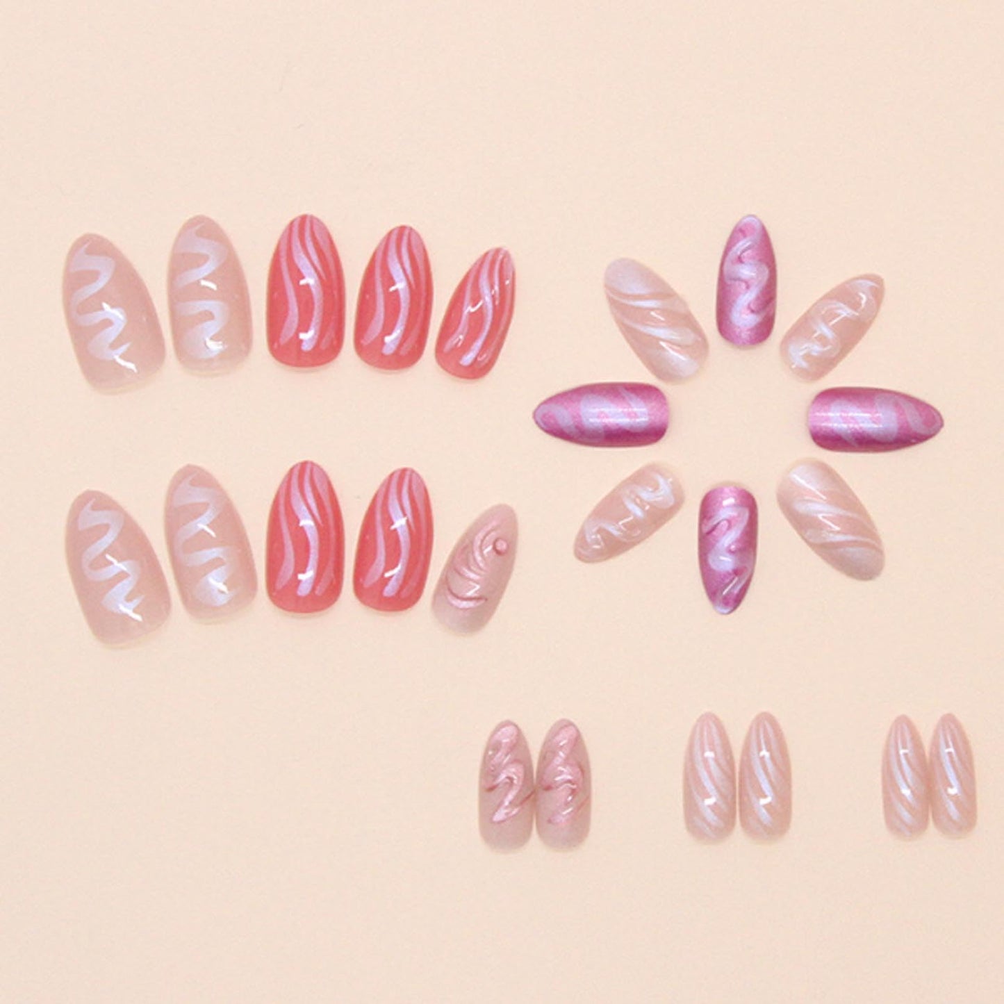Hkanlre Almond Fake Nude Nails Tips Full Cover False Medium Nails Summer Flower Press on Nails for Women 24PCS