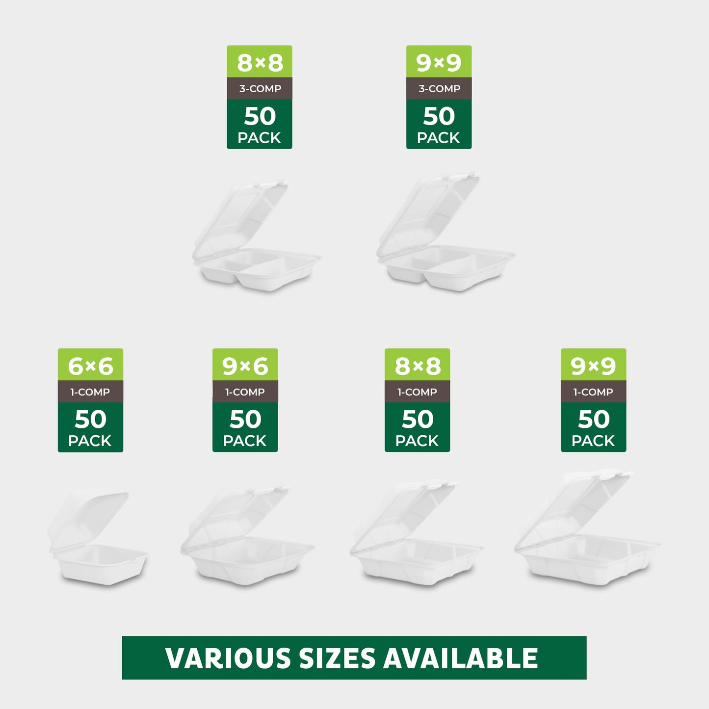 Freshware Compostable Clamshell Food Containers [8x8"] 3-Compartment 50-Pack, Disposable Containers, Biodegradable Sugarcane to Go Boxes - Paper Food Containers - Microwave & Freezer Safe, Stackable